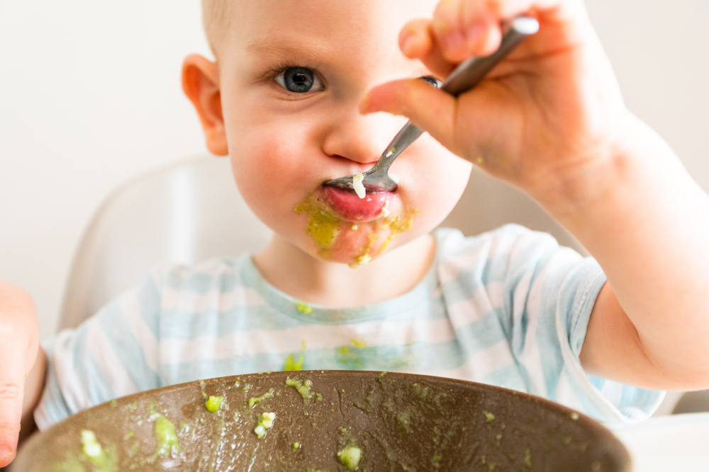 Little boy alone eats puree from a plate.